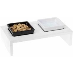 Ferplast MAKI Portaciotole In Legno Con Ciotole In Ceramica. Variante 01 - Misure: 40 X 21 X H 13 Cm - 1 L - Bianco