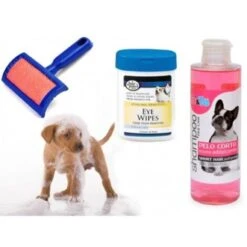 Trade Shop - Kit Pulizia Cani Shampoo Azione Addolcente Salviettine Spazzola Cardatore Pelo Corto
