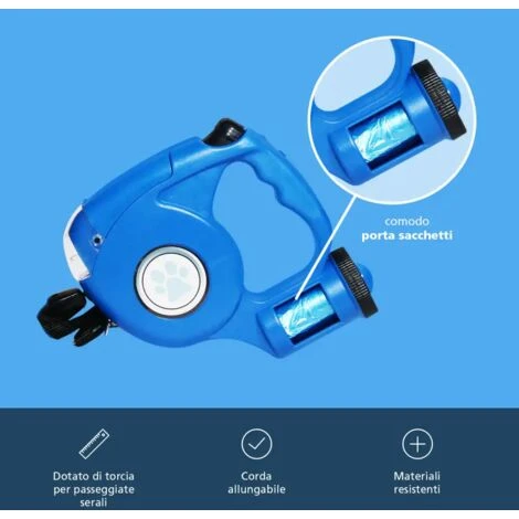 Guinzaglio Retrattile Con Torcia Led E Porta Sacchetti Per Cane Cani 4,6Mt Blu 7 Guinzaglio Retrattile Con Torcia Led E Porta Sacchetti Per Cane Cani 4,6Mt Blu - immagine 5
