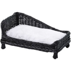 PawHut Lettini Per Cani Animali Domestici Chaise Longue In Vimini Con Cuscino Nero
