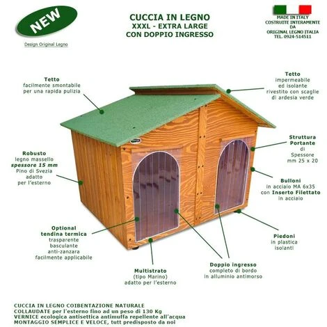 Cuccia In Legno Per Cani Da Esterno Rinforzata Mod. XXXL Extra Large Verde MADE IN ITALY B - Doppio Ingresso Senza TENDINE 5 Cuccia In Legno Per Cani Da Esterno Rinforzata Mod. XXXL Extra Large Verde MADE IN ITALY B - Doppio Ingresso Senza TENDINE - immagine 3