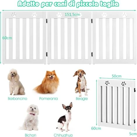 Cancello Di Legno Per Animali Domestici, Cancello Pieghevole Per Cani Con Cerniere Fessibili A 360° E 3 Pannelli, Cancello 60 Cm Da Interno Per Casa Scale E Porta D’Ingresso, Bianco 7 Cancello Di Legno Per Animali Domestici, Cancello Pieghevole Per Cani Con Cerniere Fessibili A 360° E 3 Pannelli, Cancello 60 Cm Da Interno Per Casa Scale E Porta D’Ingresso, Bianco - immagine 5