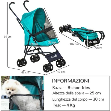 PawHut Passeggino Per Cani Piccoli Pieghevole, Ruote Con Freno In EVA E Guinzaglio Di Sicurezza Verde 5 PawHut Passeggino Per Cani Piccoli Pieghevole, Ruote Con Freno In EVA E Guinzaglio Di Sicurezza Verde - immagine 3