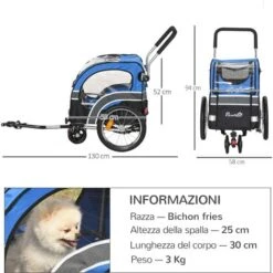 PawHut Passeggino 2 In 1 Per Cani E Rimorchio Bici, Ruote Catarifrangenti E Bandierina Blu -Cibi per cani in Italia 32839257 3