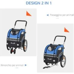 PawHut Passeggino 2 In 1 Per Cani E Rimorchio Bici, Ruote Catarifrangenti E Bandierina Blu -Cibi per cani in Italia 32839257 4