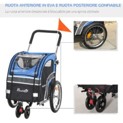 PawHut Passeggino 2 In 1 Per Cani E Rimorchio Bici, Ruote Catarifrangenti E Bandierina Blu -Cibi per cani in Italia 32839257 5