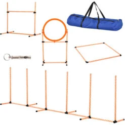 PawHut Set Agility Dog Per Addestramento Cani Con Slalom, Ostacoli Regolabili, Fischietto E Sacca Di Trasporto