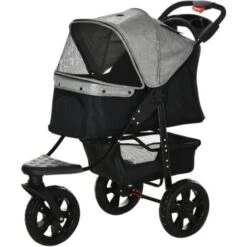 PawHut Passeggino Per Cani Pieghevole A 3 Ruote Con Freno, Cestino Portaoggetti E Porta Bottiglia, In Acciaio E Oxford, Grigio E Nero, 109.5x54.5x106.5cm