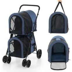 COSTWAY Passeggino Per Animali Domestici, Carrello Multifunzionale 4 In 1 A Doppio Livello, Passeggino Pieghevole Smontabile Con 4 Ruote, Ideale Per Passeggiata Viaggio E Shopping (Blu)