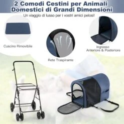 COSTWAY Passeggino Per Animali Domestici, Carrello Multifunzionale 4 In 1 A Doppio Livello, Passeggino Pieghevole Smontabile Con 4 Ruote, Ideale Per Passeggiata Viaggio E Shopping (Blu) -Cibi per cani in Italia 51280936 3