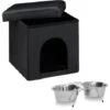 Set 2 Pz Home Sweet M Cuccia Per Cani A Sgabello Nicchia Nero Pouf A Cubo, Ciotola Rialzata Doppia Con Supporto Scodella