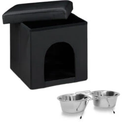 Set 2 Pz Home Sweet M Cuccia Per Cani A Sgabello Nicchia Nero Pouf A Cubo, Ciotola Rialzata Doppia Con Supporto Scodella
