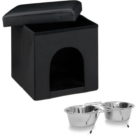 Set 2 Pz Home Sweet M Cuccia Per Cani A Sgabello Nicchia Nero Pouf A Cubo, Ciotola Rialzata Doppia Con Supporto Scodella 3 Set 2 Pz Home Sweet M Cuccia Per Cani A Sgabello Nicchia Nero Pouf A Cubo, Ciotola Rialzata Doppia Con Supporto Scodella