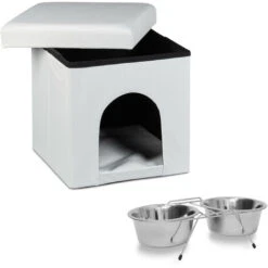 Set 2 Pz Cuccia Per Cani A Sgabello Con Nicchia M Bianco Pouf A Cubo, Ciotola Rialzata Doppia Con Supporto Scodella