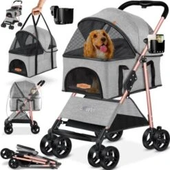 LOVPET® Passeggino Per Cani 2in1 - Box Per Trasporto Cani - Borsa Da Trasporto Per Cani Pieghevole Fino A 20 Kg - Carrello Per Animali Con Finestre A Rete E Parapioggia - Passeggino Da Jogging Per Gat