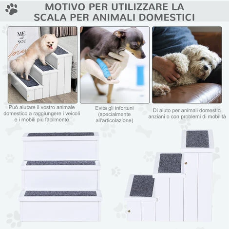PawHut Scaletta Per Cani A 3 Gradini Con Tappeto Antiscivolo E Spazio Interno, 40.5x44.5x38cm, Bianco 6 PawHut Scaletta Per Cani A 3 Gradini Con Tappeto Antiscivolo E Spazio Interno, 40.5x44.5x38cm, Bianco - immagine 4