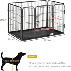 PawHut Box Per Cani Recinzione In Metallo Per Animali Con 4 Pannelli, Porta Con Doppio Blocco E Vassoio Sul Fondo, 125x78x80cm, Grigio -Cibi per cani in Italia 55054575 3