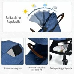 COSTWAY Passeggino Leggero, Passeggino Pieghevole 2 In 1 Con Tettuccio Regolabile E Poggiapiedi, Reclinabile In Varie Posizioni, Cintura Di Sicurezza A 5 Punti, Ideale Per Bambini 0-3 Anni (Blu) -Cibi per cani in Italia 58680832 4