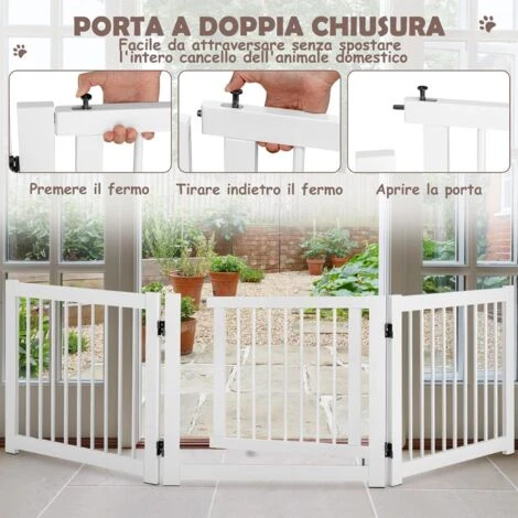 COSTWAY Cancelletto Per Cani Da Interno In Legno Massello, Design Girevole E Portatile, Con 3 Ante, Cuscinetti Antiscivolo E Serratura, Ideale Per Cani Di Piccola/Media Taglia, 206 X 61 Cm (Bianco) 7 COSTWAY Cancelletto Per Cani Da Interno In Legno Massello, Design Girevole E Portatile, Con 3 Ante, Cuscinetti Antiscivolo E Serratura, Ideale Per Cani Di Piccola/Media Taglia, 206 X 61 Cm (Bianco) - immagine 5