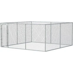 PawHut Kennel Per Cani Da Esterno A Maglie Con Porta Con Blocco In Acciaio, 400x400x182cm, Argento