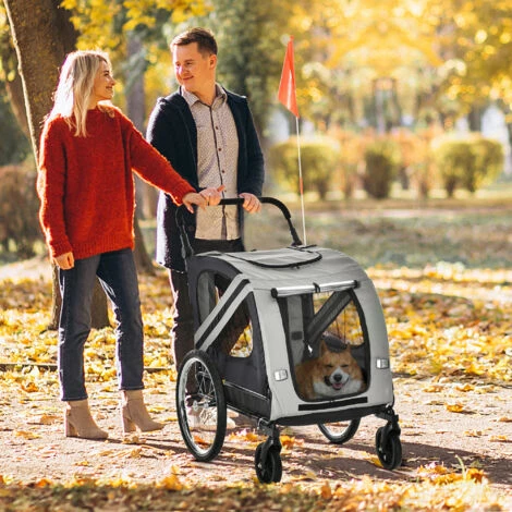 PawHut Rimorchio Cani Con Ingresso A Cerniera, Ruote E Bandiera, In Acciaio E Tessuto Oxford, Grigio Nero Argento 4 PawHut Rimorchio Cani Con Ingresso A Cerniera, Ruote E Bandiera, In Acciaio E Tessuto Oxford, Grigio Nero Argento - immagine 2