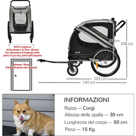 PawHut Rimorchio Cani Con Ingresso A Cerniera, Ruote E Bandiera, In Acciaio E Tessuto Oxford, Grigio Nero Argento 5 PawHut Rimorchio Cani Con Ingresso A Cerniera, Ruote E Bandiera, In Acciaio E Tessuto Oxford, Grigio Nero Argento - immagine 3