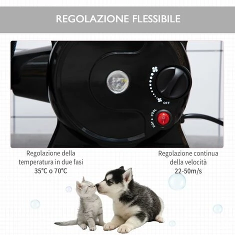 PawHut Soffiatore Per Cani Con Velocità E Temperatura Regolabili, Tubo Flessibile E 3 Beccucci, 2400W, Nero 6 PawHut Soffiatore Per Cani Con Velocità E Temperatura Regolabili, Tubo Flessibile E 3 Beccucci, 2400W, Nero - immagine 4