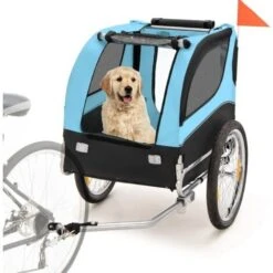 COSTWAY Rimorchio Bici Per Animali, Carrello Per Bicicletta Per Cani Di Piccola E Media Taglia Con Ruote Da 50cm E Tettuccio Apribile, Portata 40 Kg, 60,5 X 135 X 95 Cm (Azzurro)