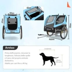 COSTWAY Rimorchio Bici Per Animali, Carrello Per Bicicletta Per Cani Di Piccola E Media Taglia Con Ruote Da 50cm E Tettuccio Apribile, Portata 40 Kg, 60,5 X 135 X 95 Cm (Azzurro) -Cibi per cani in Italia 81521226 5