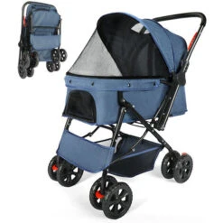 Passeggino Per Cani Di Piccola Taglia Gatti, Passeggino Pieghevole Per Cani, Impermeabile, Finestre A Rete, Cesto Di Stoccaggio Sovradimensionato - Blu