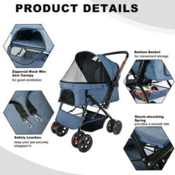 Passeggino Per Cani Di Piccola Taglia Gatti, Passeggino Pieghevole Per Cani, Impermeabile, Finestre A Rete, Cesto Di Stoccaggio Sovradimensionato - Blu -Cibi per cani in Italia 83841466 3