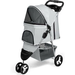 Passeggino Per Animali Domestici, Passeggino Pieghevole A 3 Ruote Con Cestello Portaoggetti E Portabicchieri Per Cani Di Piccola E Media Taglia (Grigio Chiaro)