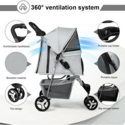 Passeggino Per Animali Domestici, Passeggino Pieghevole A 3 Ruote Con Cestello Portaoggetti E Portabicchieri Per Cani Di Piccola E Media Taglia (Grigio Chiaro) -Cibi per cani in Italia 83841474 4