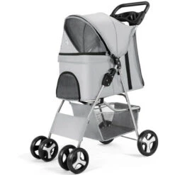 Passeggino Per Animali Domestici, Passeggino Pieghevole A 4 Ruote Con Cestello Portaoggetti E Portabicchieri Per Cani Di Piccola E Media Taglia, Cucciolo (Grigio Chiaro)