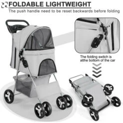 Passeggino Per Animali Domestici, Passeggino Pieghevole A 4 Ruote Con Cestello Portaoggetti E Portabicchieri Per Cani Di Piccola E Media Taglia, Cucciolo (Grigio Chiaro) -Cibi per cani in Italia 83841495 5