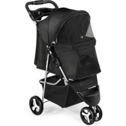 Passeggino Per Animali Domestici, Passeggino Pieghevole A 3 Ruote Con Cestello Portaoggetti E Portabicchieri Per Cani Di Piccola E Media Taglia (Nero)