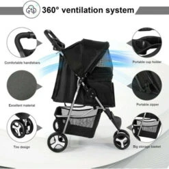 Passeggino Per Animali Domestici, Passeggino Pieghevole A 3 Ruote Con Cestello Portaoggetti E Portabicchieri Per Cani Di Piccola E Media Taglia (Nero) -Cibi per cani in Italia 83841498 3