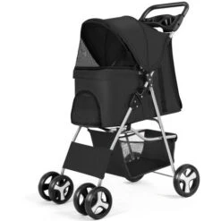 Passeggino Per Animali Domestici, Passeggino Pieghevole A 4 Ruote Con Cestello Portaoggetti E Portabicchieri Per Cani Di Piccola E Media Taglia, Cucciolo (Nero)