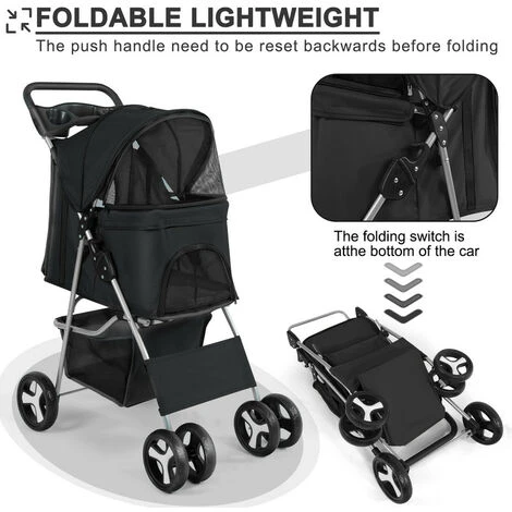 Passeggino Per Animali Domestici, Passeggino Pieghevole A 4 Ruote Con Cestello Portaoggetti E Portabicchieri Per Cani Di Piccola E Media Taglia, Cucciolo (Nero) 4 Passeggino Per Animali Domestici, Passeggino Pieghevole A 4 Ruote Con Cestello Portaoggetti E Portabicchieri Per Cani Di Piccola E Media Taglia, Cucciolo (Nero) - immagine 2