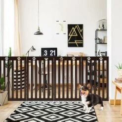 GOPLUS Cancelletto Di Sicurezza A 3/4 Pannelli, Barriera Pieghevole Con Cerniere Girevoli A 360¡ã E Piedini Antiscivolo, Recinto Per Porte E Scale Per Animali E Bambini (Marrone, 4 Pannelli) -Cibi per cani in Italia 87570637 2