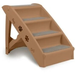 HENGMEI Scala Per Cani Di Taglia Piccola, 4 Gradini, Pieghevole, Con Tappetino Antiscivolo E Asta Di Supporto E Grande Taglia, Colore Marrone