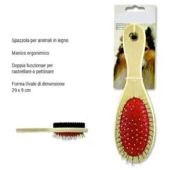 Trade Shop - Spazzola Doppia Per Cani Animali Gatti Rastrella Pettina 29x6 Cm Ovale In Legno