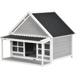 PawHut Cuccia Per Cani Da Esterno In Legno E PVC Con Portico E Finestre, 126x118x105cm, Grigio
