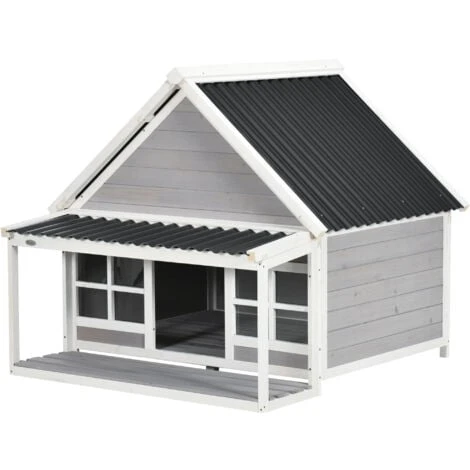 PawHut Cuccia Per Cani Da Esterno In Legno E PVC Con Portico E Finestre, 126x118x105cm, Grigio 3 PawHut Cuccia Per Cani Da Esterno In Legno E PVC Con Portico E Finestre, 126x118x105cm, Grigio
