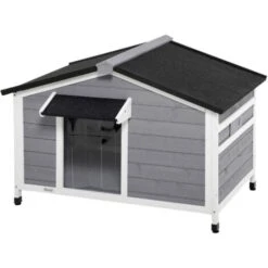 PawHut Casetta Per Cani In Legno Con Design Rialzato, Tenda Protettiva E 2 Finestre, 109x79x72 Cm