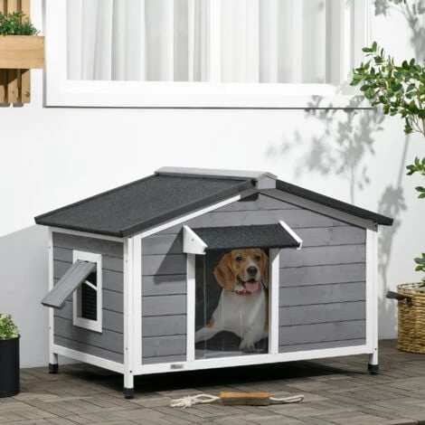 PawHut Casetta Per Cani In Legno Con Design Rialzato, Tenda Protettiva E 2 Finestre, 109x79x72 Cm 4 PawHut Casetta Per Cani In Legno Con Design Rialzato, Tenda Protettiva E 2 Finestre, 109x79x72 Cm - immagine 2