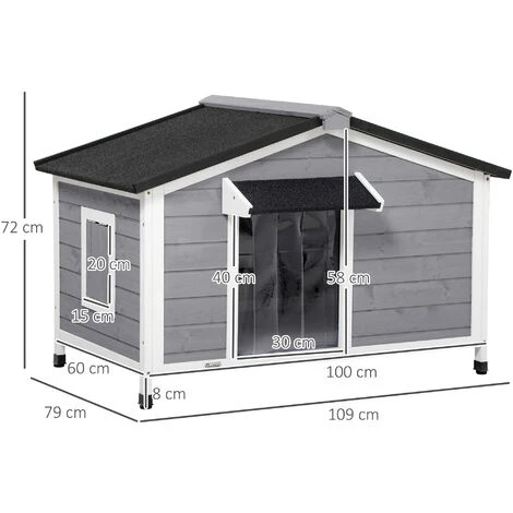 PawHut Casetta Per Cani In Legno Con Design Rialzato, Tenda Protettiva E 2 Finestre, 109x79x72 Cm 5 PawHut Casetta Per Cani In Legno Con Design Rialzato, Tenda Protettiva E 2 Finestre, 109x79x72 Cm - immagine 3